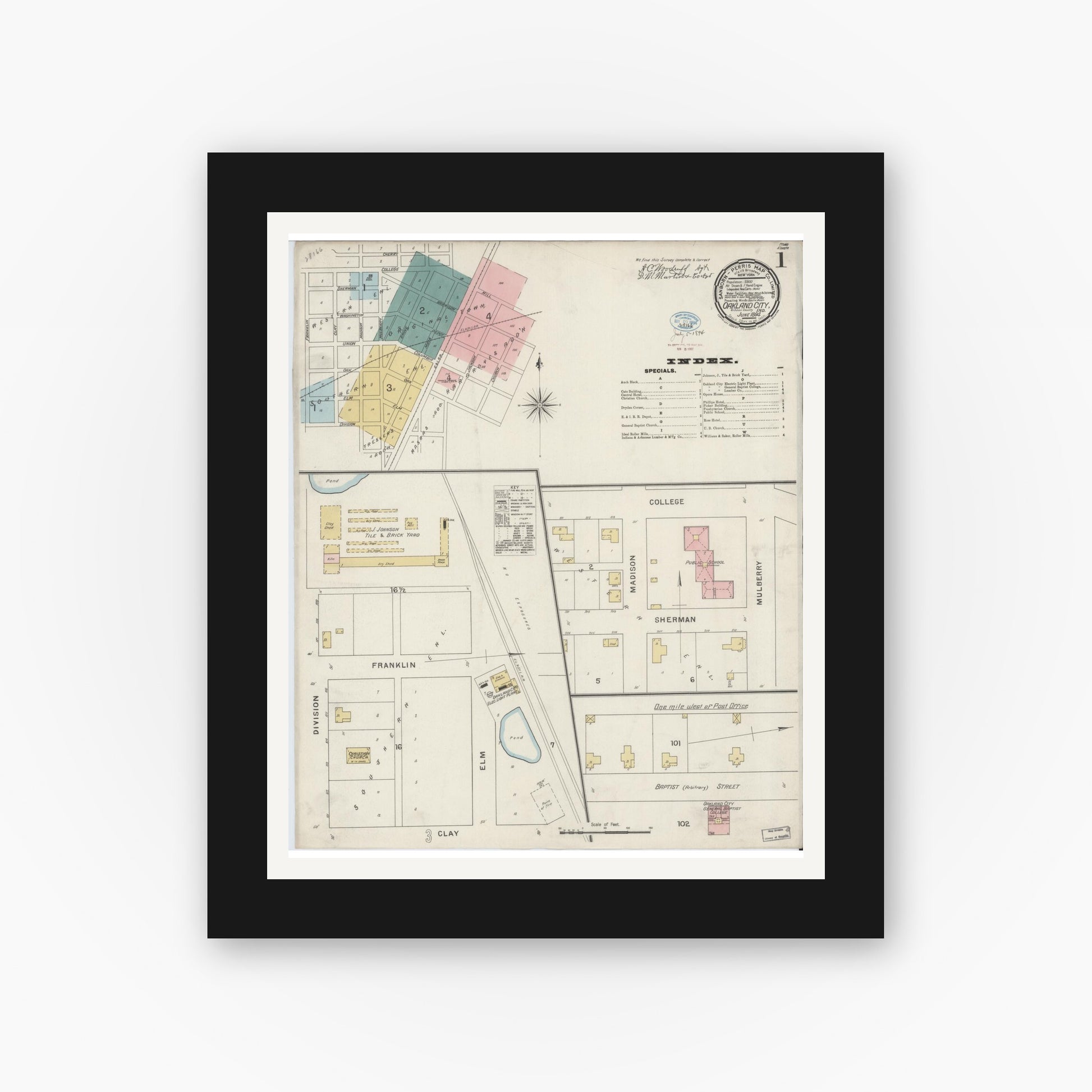 Old map wall art mockup — black gallery frame with white mat — Sanborn Fire Insurance Map from Oakland City, Gibson County, Indiana (1894) - Complete Map Set