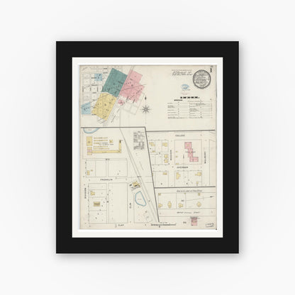 Old map wall art mockup — black gallery frame with white mat — Sanborn Fire Insurance Map from Oakland City, Gibson County, Indiana (1894) - Complete Map Set