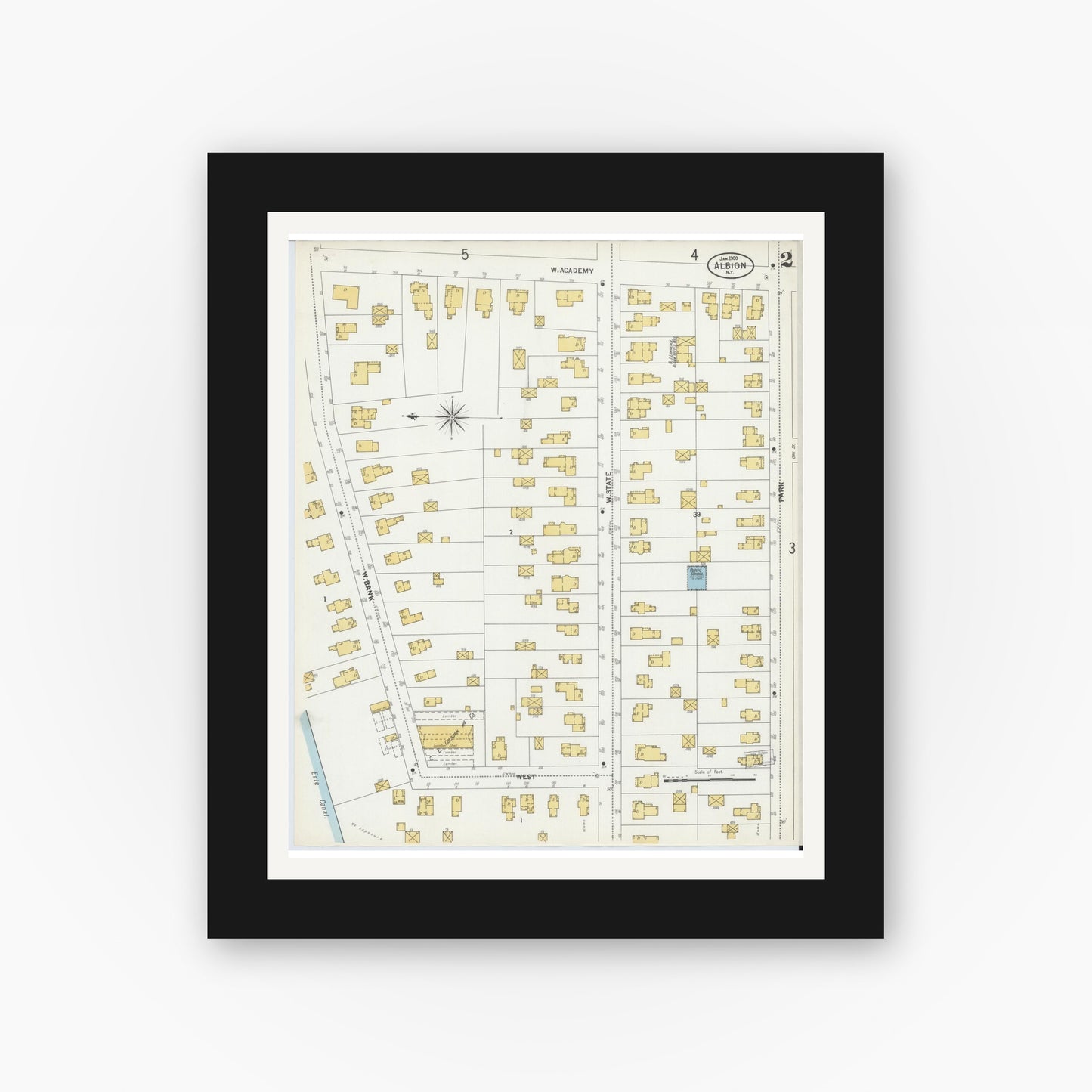 Old map wall art mockup — black gallery frame with white mat — Sanborn Fire Insurance Map from Albion, Orleans County, New York (1900) - Complete Map Set