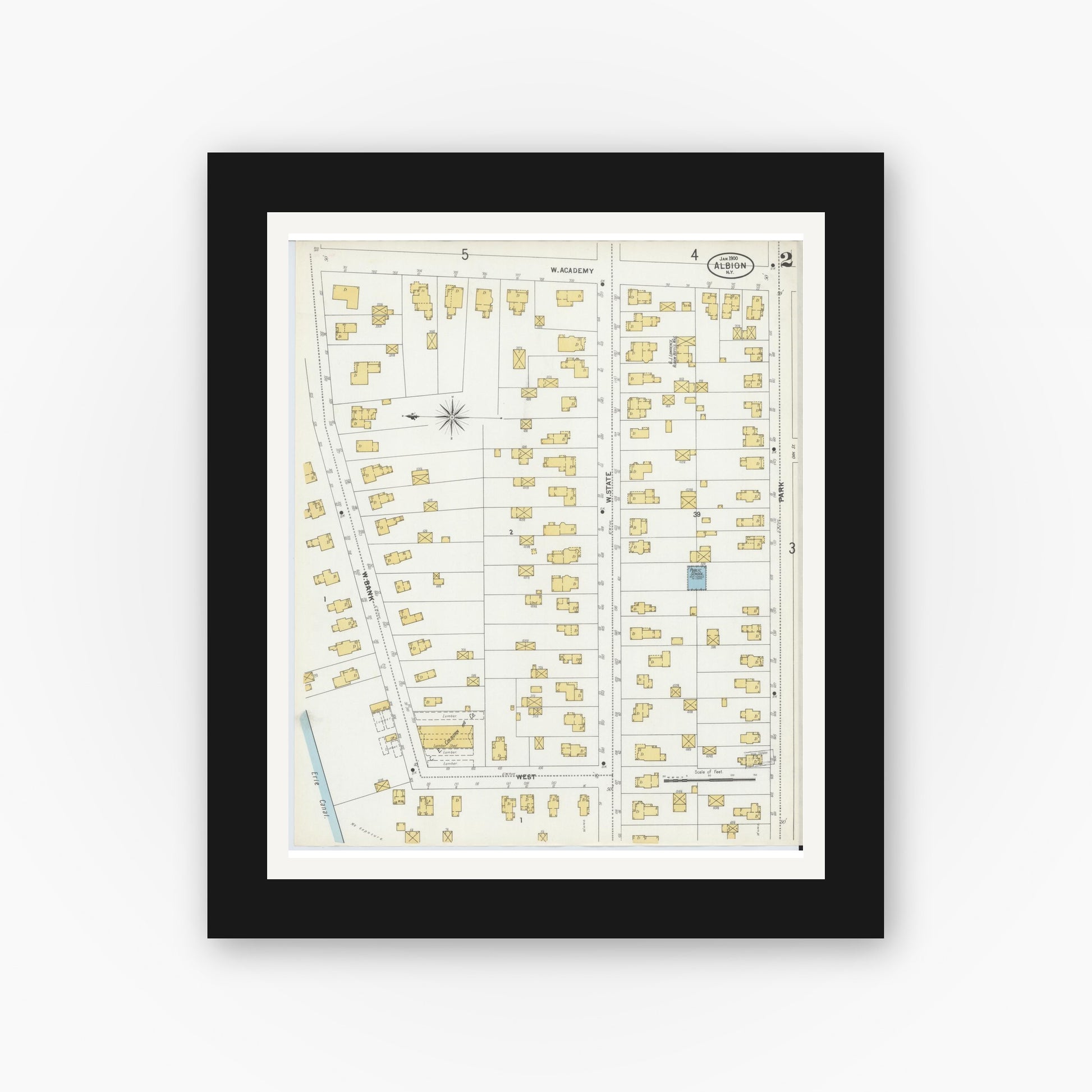 Old map wall art mockup — black gallery frame with white mat — Sanborn Fire Insurance Map from Albion, Orleans County, New York (1900) - Complete Map Set