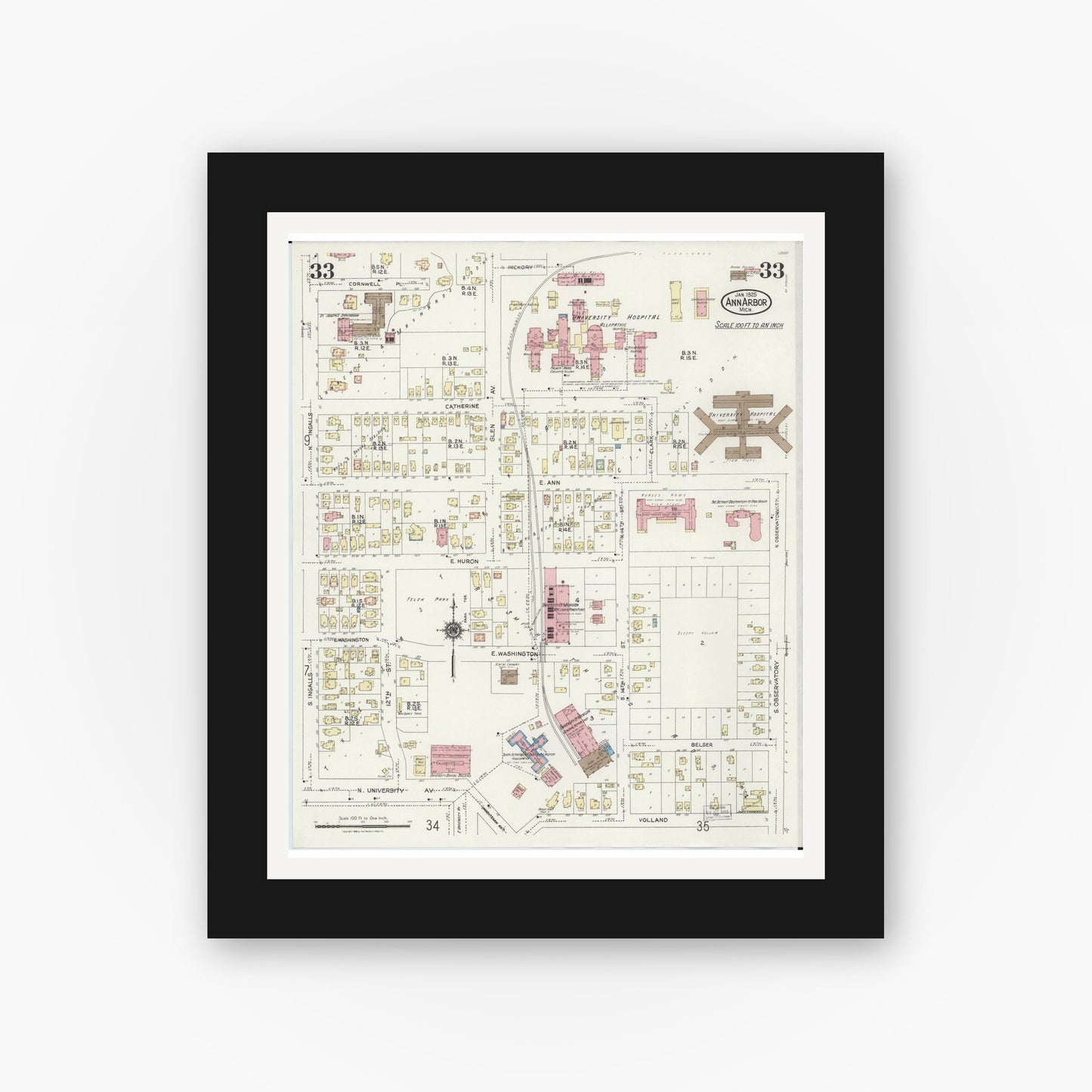 Old map wall art mockup — black gallery frame with white mat — Sanborn Fire Insurance Map from Ann Arbor, Washtenaw County, Michigan (1925), Sheet #0033