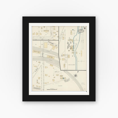 Old map wall art mockup — black gallery frame with white mat — Sanborn Fire Insurance Map from Sidney, Delaware County, New York (1891), Sheet #0002