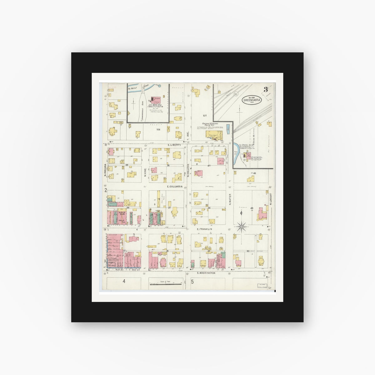 Old map wall art mockup — black gallery frame with white mat — Sanborn Fire Insurance Map from Greencastle, Putnam County, Indiana (1898), Sheet #0003