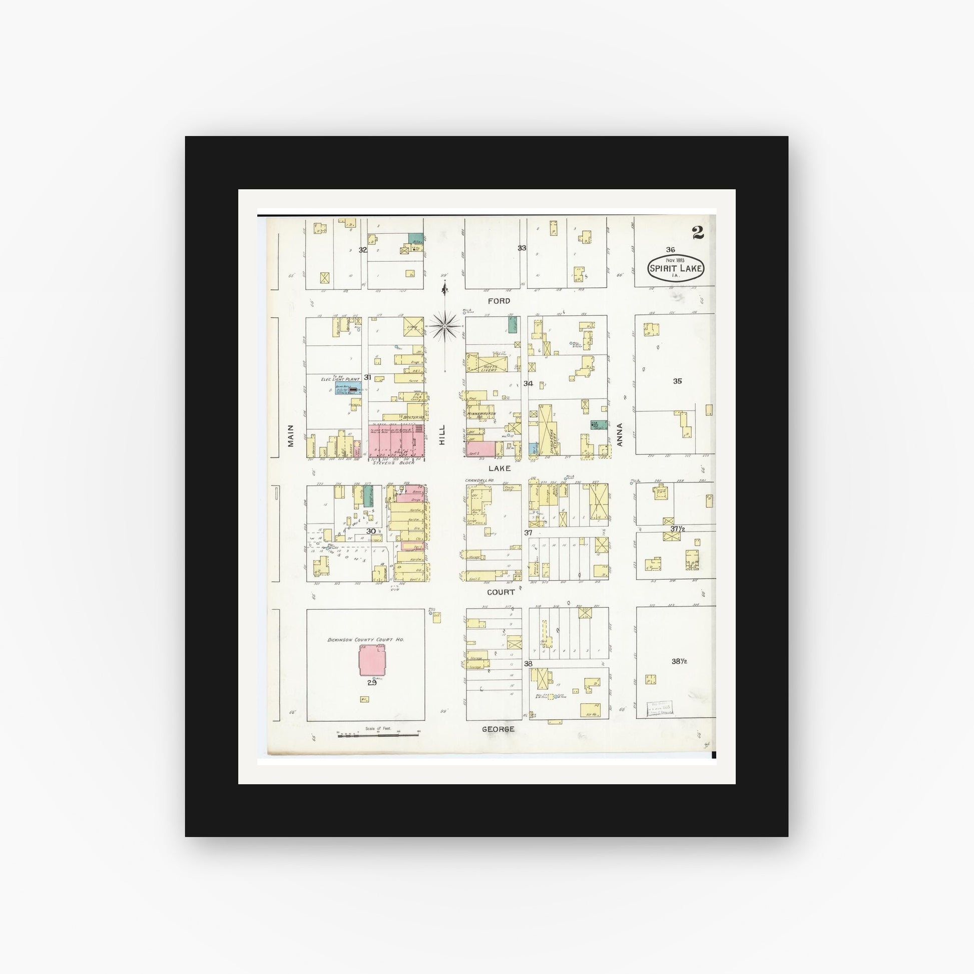Old map wall art mockup — black gallery frame with white mat — Sanborn Fire Insurance Map from Spirit Lake, Dickinson County, Iowa (1893), Sheet #0002