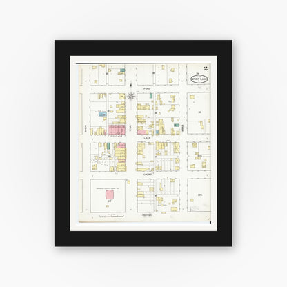 Old map wall art mockup — black gallery frame with white mat — Sanborn Fire Insurance Map from Spirit Lake, Dickinson County, Iowa (1893), Sheet #0002