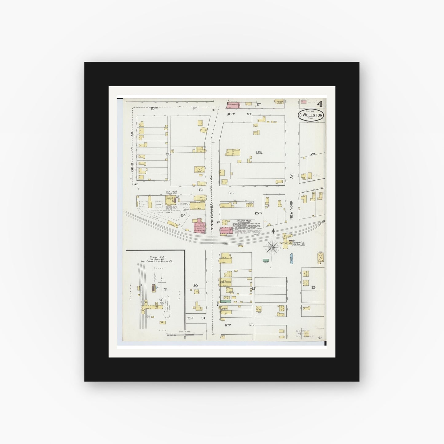 Old map wall art mockup — black gallery frame with white mat — Sanborn Fire Insurance Map from Wellston, Jackson County, Ohio (1892), Sheet #0004