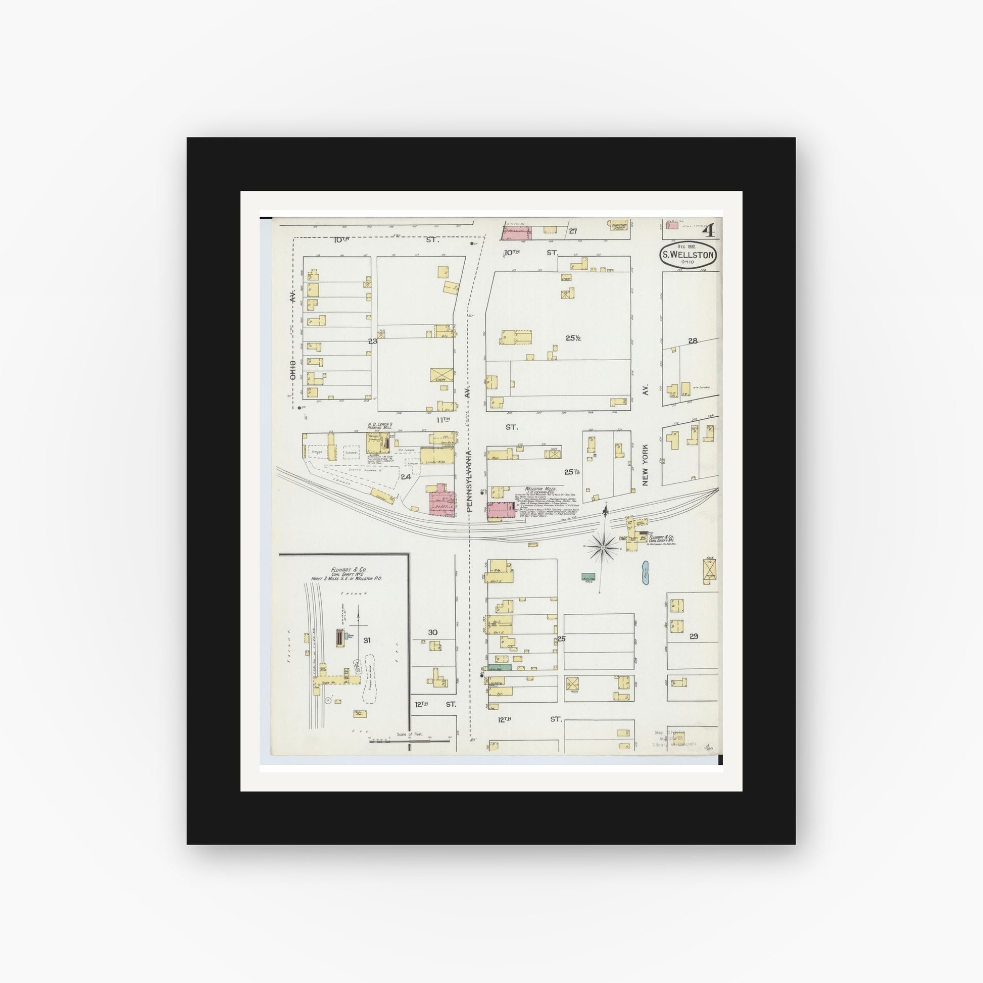 Old map wall art mockup — black gallery frame with white mat — Sanborn Fire Insurance Map from Wellston, Jackson County, Ohio (1892), Sheet #0004