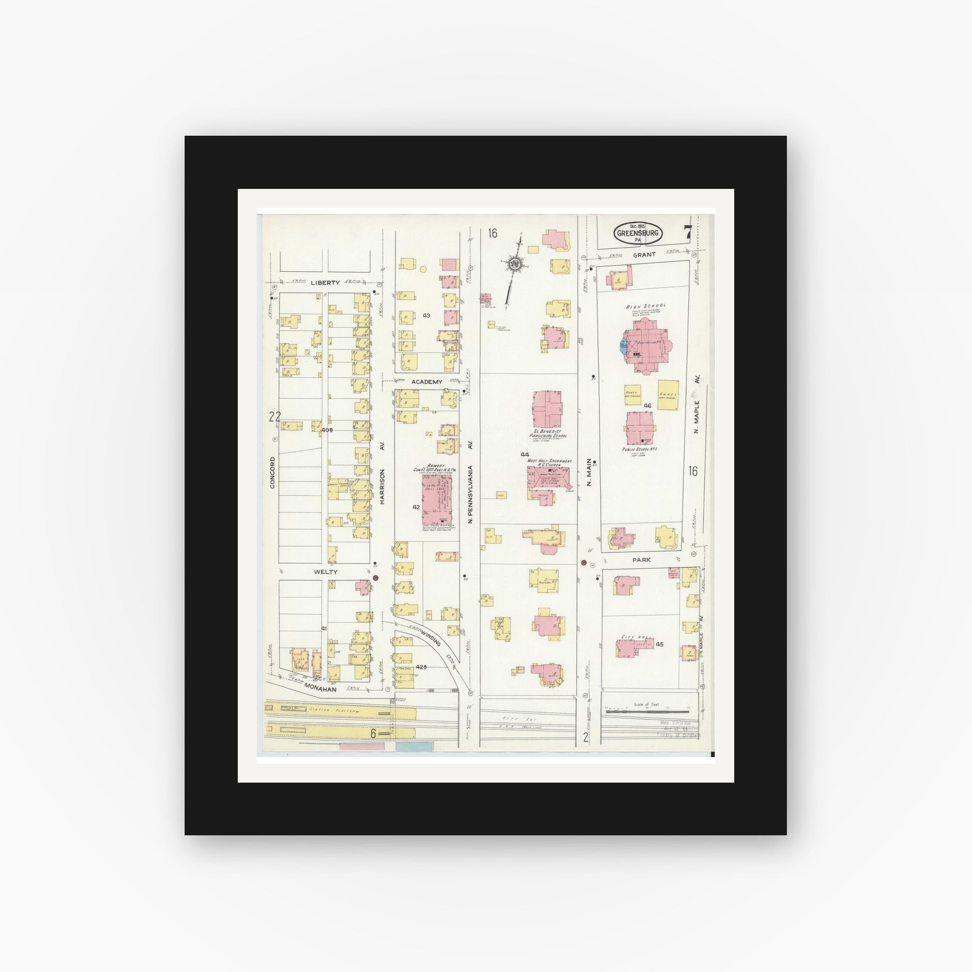Old map wall art mockup — black gallery frame with white mat — Sanborn Fire Insurance Map from Greensburg, Westmoreland County, Pennsylvania (1915), Sheet #0007