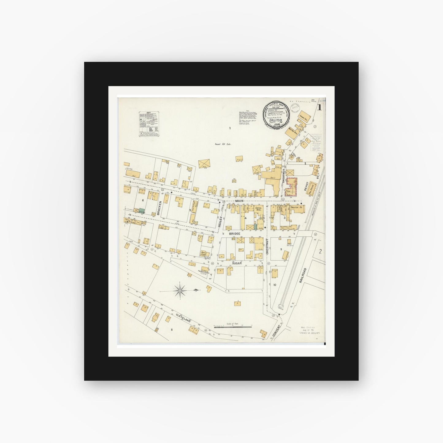Old map wall art mockup — black gallery frame with white mat — Sanborn Fire Insurance Map from Gallitzin, Cambria County, Pennsylvania (1900), Sheet #0001