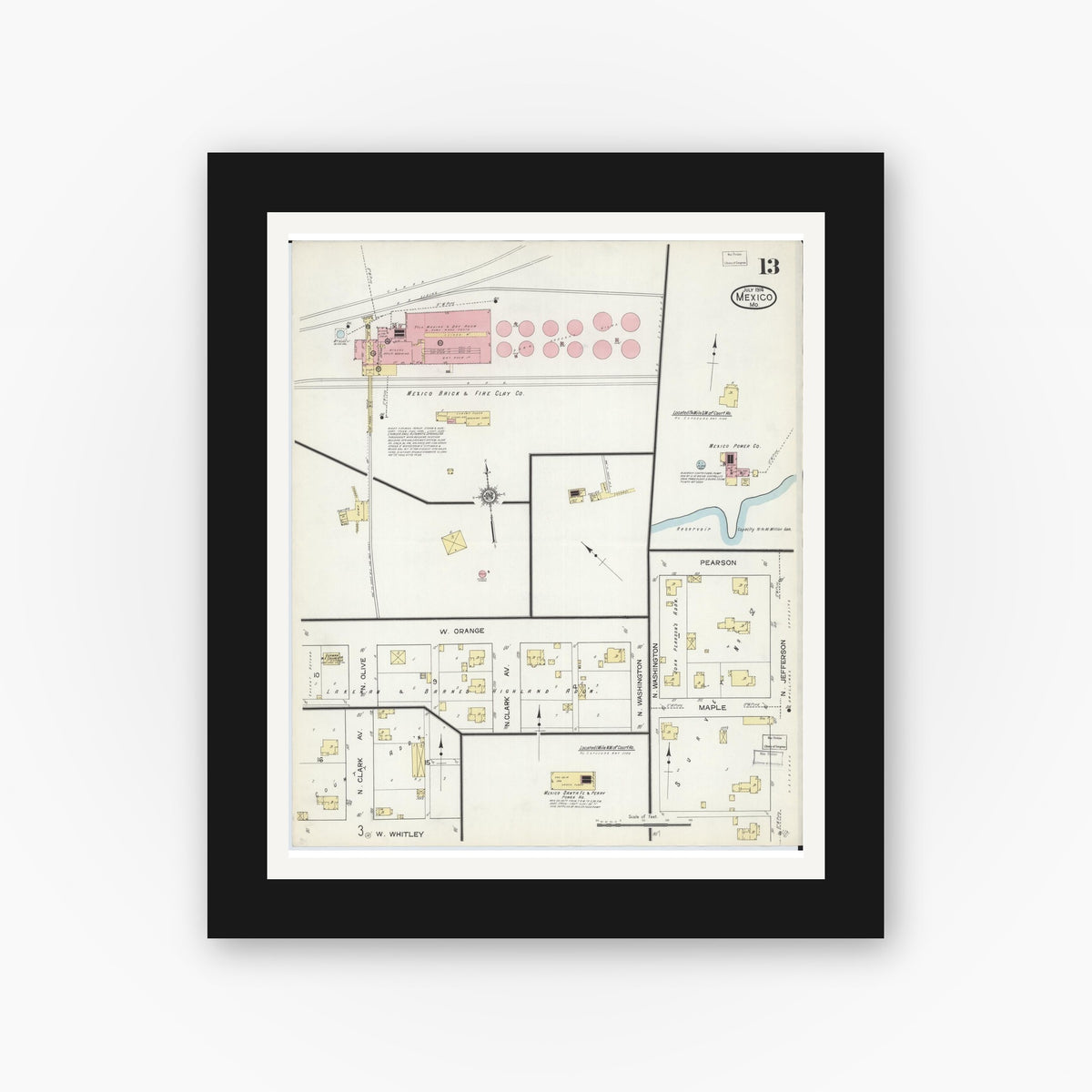 Old map wall art mockup — black gallery frame with white mat — Sanborn Fire Insurance Map from Mexico, Audrain County, Missouri (1914), Sheet #0013
