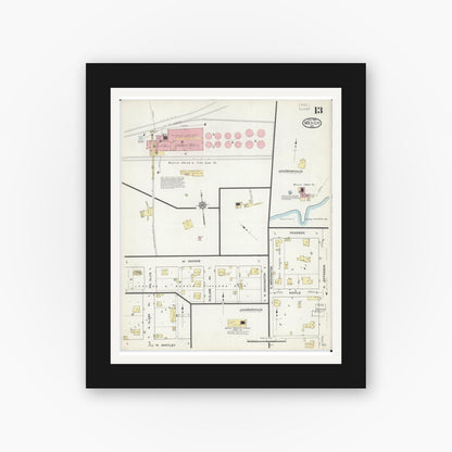 Old map wall art mockup — black gallery frame with white mat — Sanborn Fire Insurance Map from Mexico, Audrain County, Missouri (1914), Sheet #0013