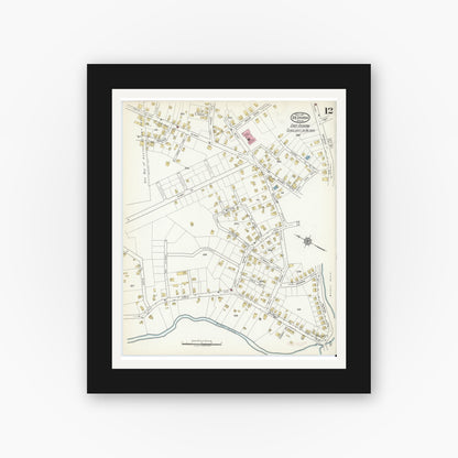 Old map wall art mockup — black gallery frame with white mat — Sanborn Fire Insurance Map from Dedham, Norfolk County, Massachusetts (1917), Sheet #0012