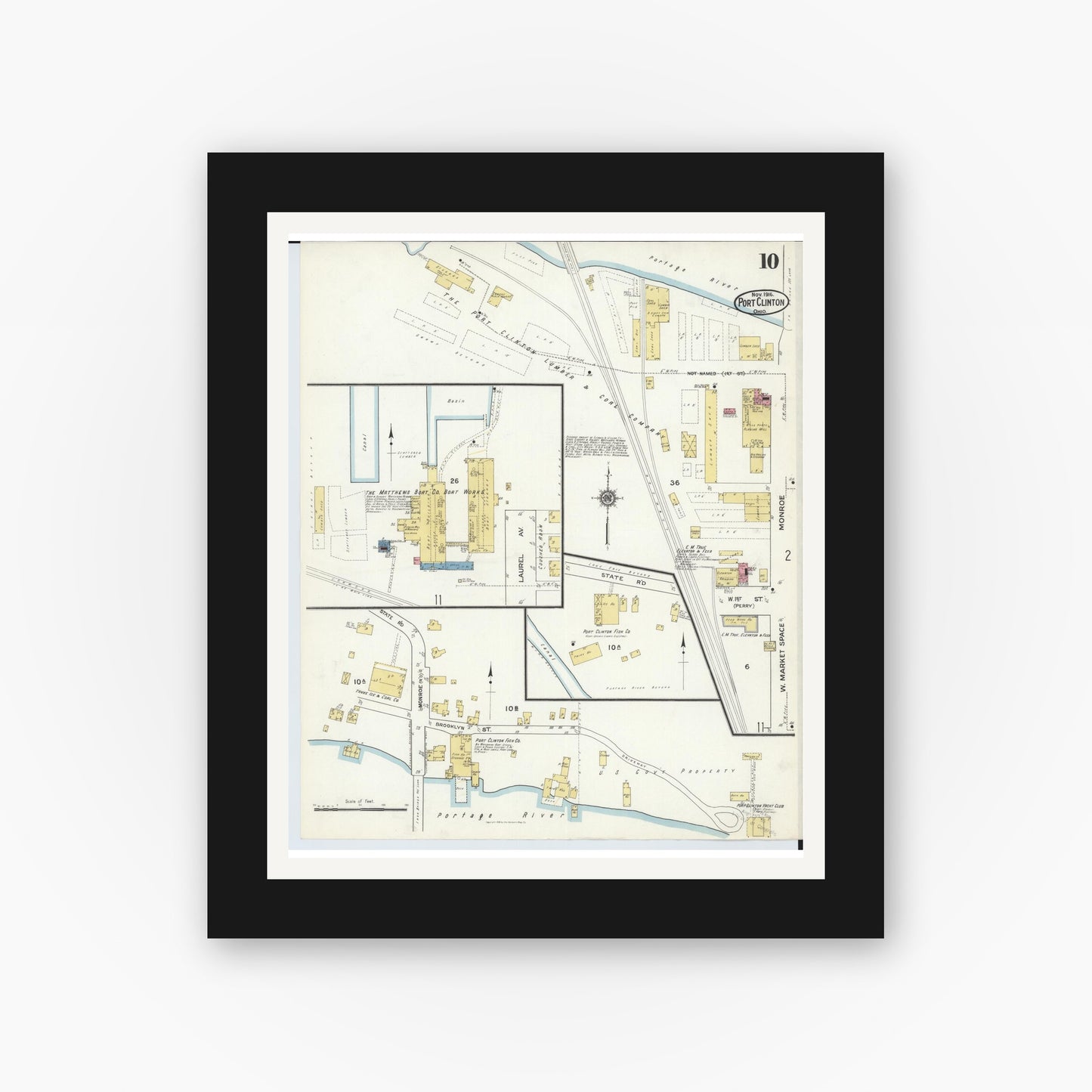 Old map wall art mockup — black gallery frame with white mat — Sanborn Fire Insurance Map from Port Clinton, Ottawa County, Ohio (1916), Sheet #0010