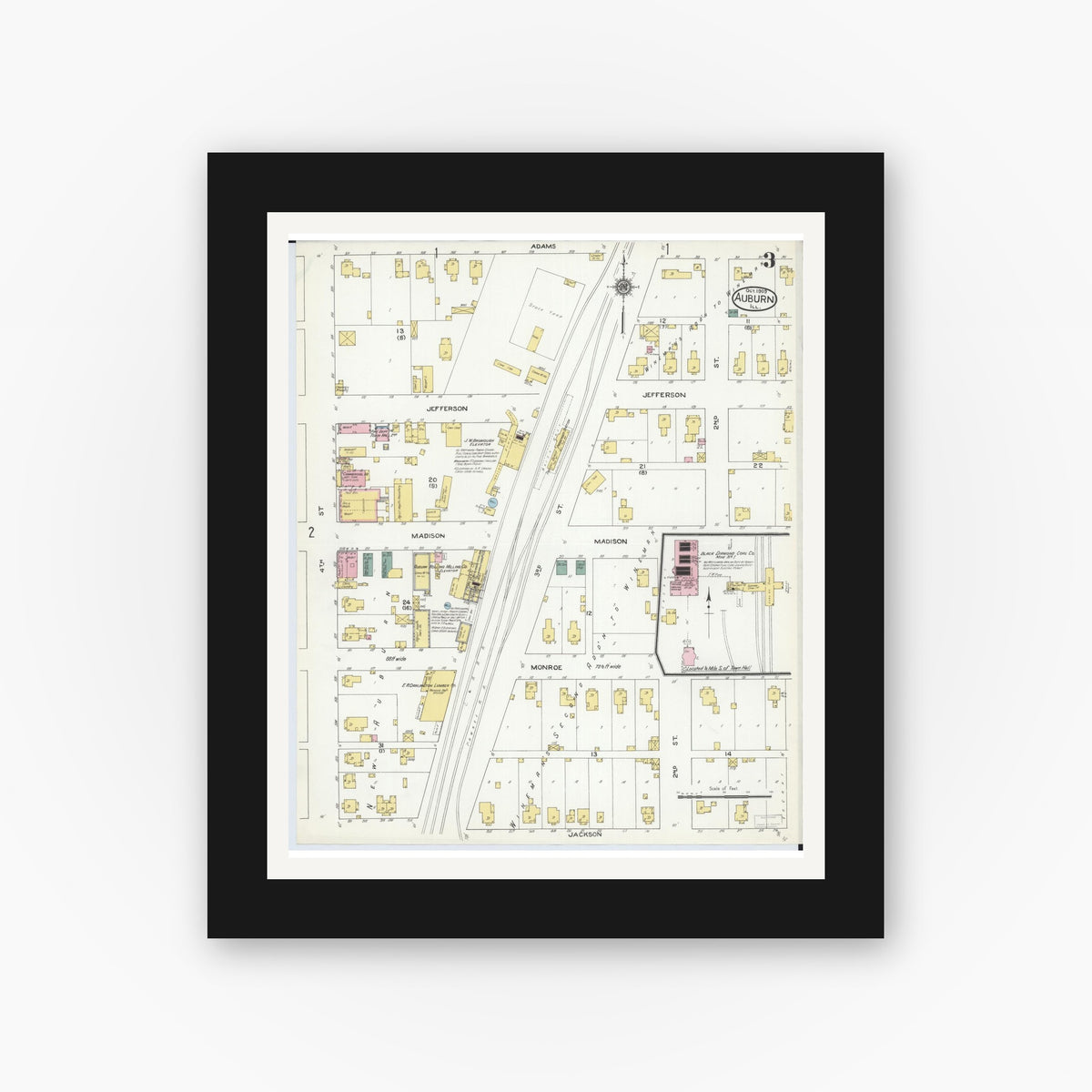 Old map wall art mockup — black gallery frame with white mat — Sanborn Fire Insurance Map from Auburn, Sangamon County, Illinois (1909), Sheet #0003