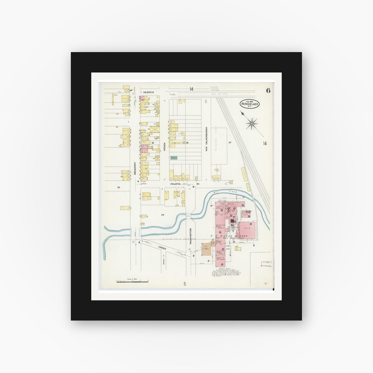 Old map wall art mockup — black gallery frame with white mat — Sanborn Fire Insurance Map from Rensselaer, Rensselaer County, New York (1909), Sheet #0006