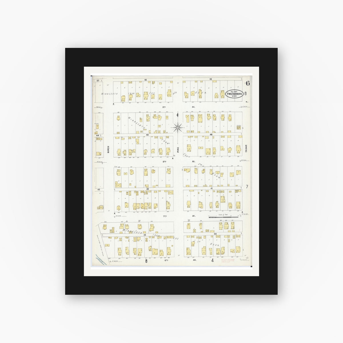 Old map wall art mockup — black gallery frame with white mat — Sanborn Fire Insurance Map from Two Harbors, Lake County, Minnesota (1907), Sheet #0006