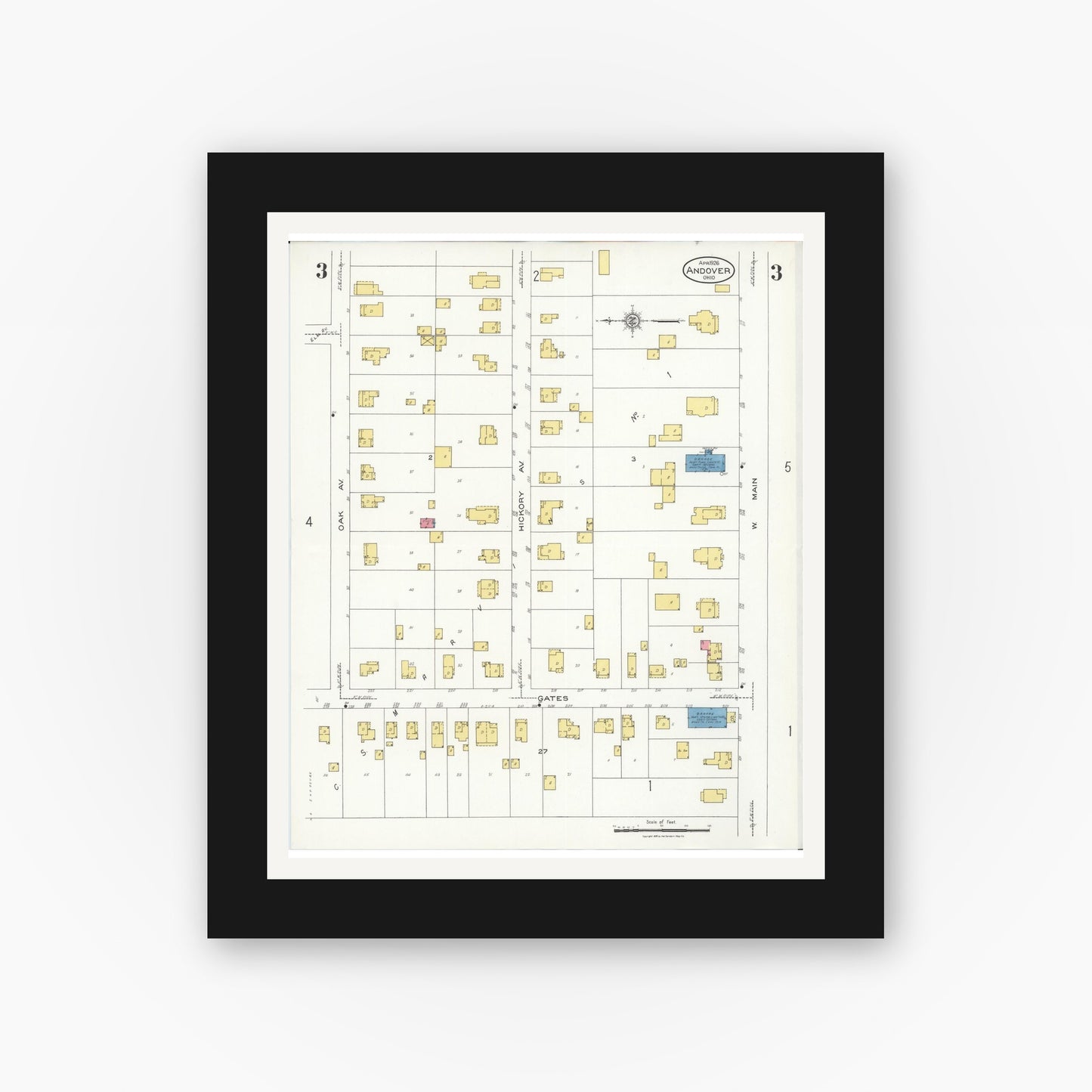 Old map wall art mockup — black gallery frame with white mat — Sanborn Fire Insurance Map from Andover, Ashtabula County, Ohio (1926), Sheet #0003