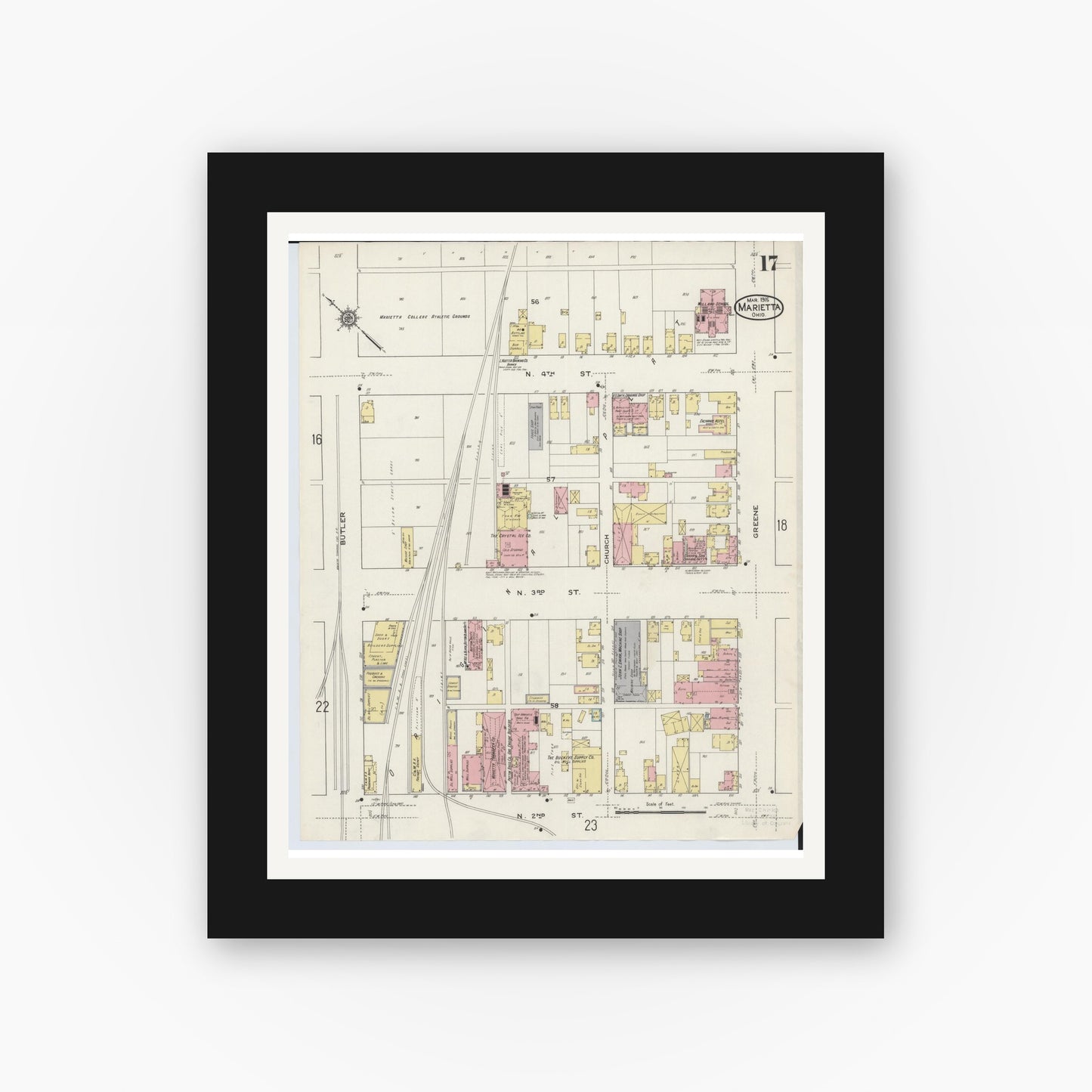 Old map wall art mockup — black gallery frame with white mat — Sanborn Fire Insurance Map from Marietta, Washington County, Ohio (1915), Sheet #0017