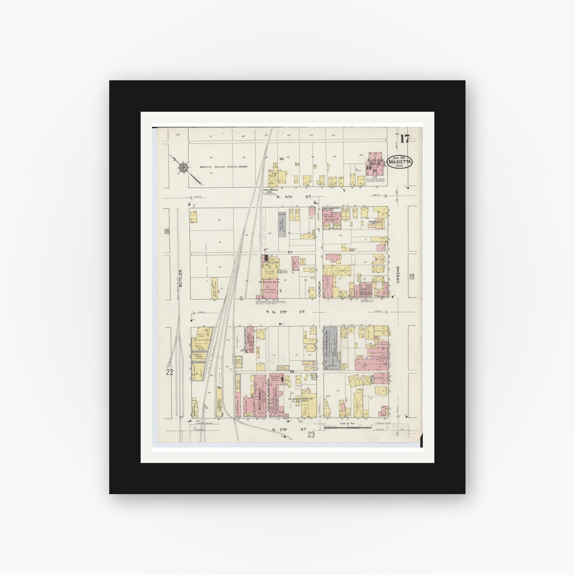 Old map wall art mockup — black gallery frame with white mat — Sanborn Fire Insurance Map from Marietta, Washington County, Ohio (1915), Sheet #0017