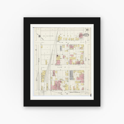 Old map wall art mockup — black gallery frame with white mat — Sanborn Fire Insurance Map from Marietta, Washington County, Ohio (1915), Sheet #0017