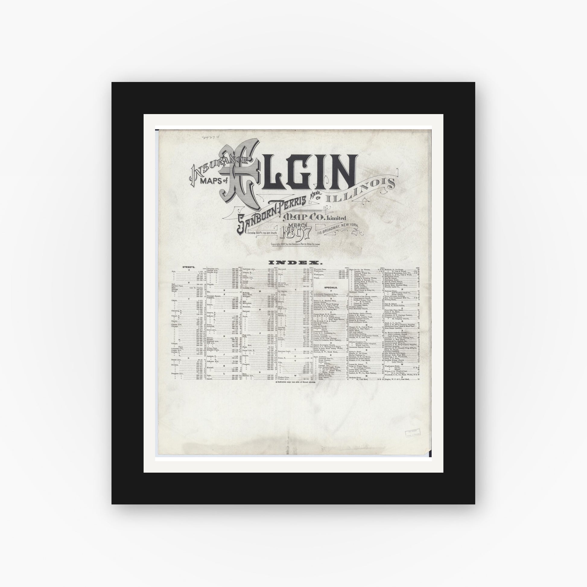 Old map wall art mockup — black gallery frame with white mat — Sanborn Fire Insurance Map from Elgin, Kane County, Illinois (1897), Sheet #0001