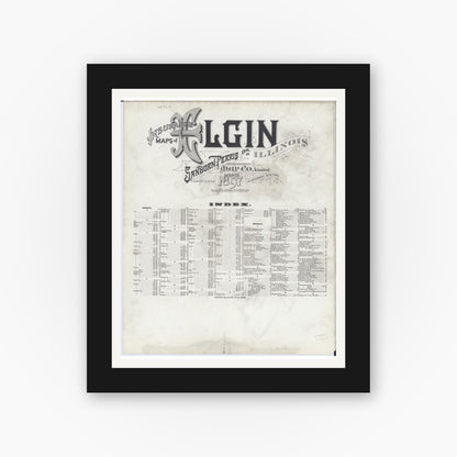 Old map wall art mockup — black gallery frame with white mat — Sanborn Fire Insurance Map from Elgin, Kane County, Illinois (1897), Sheet #0001