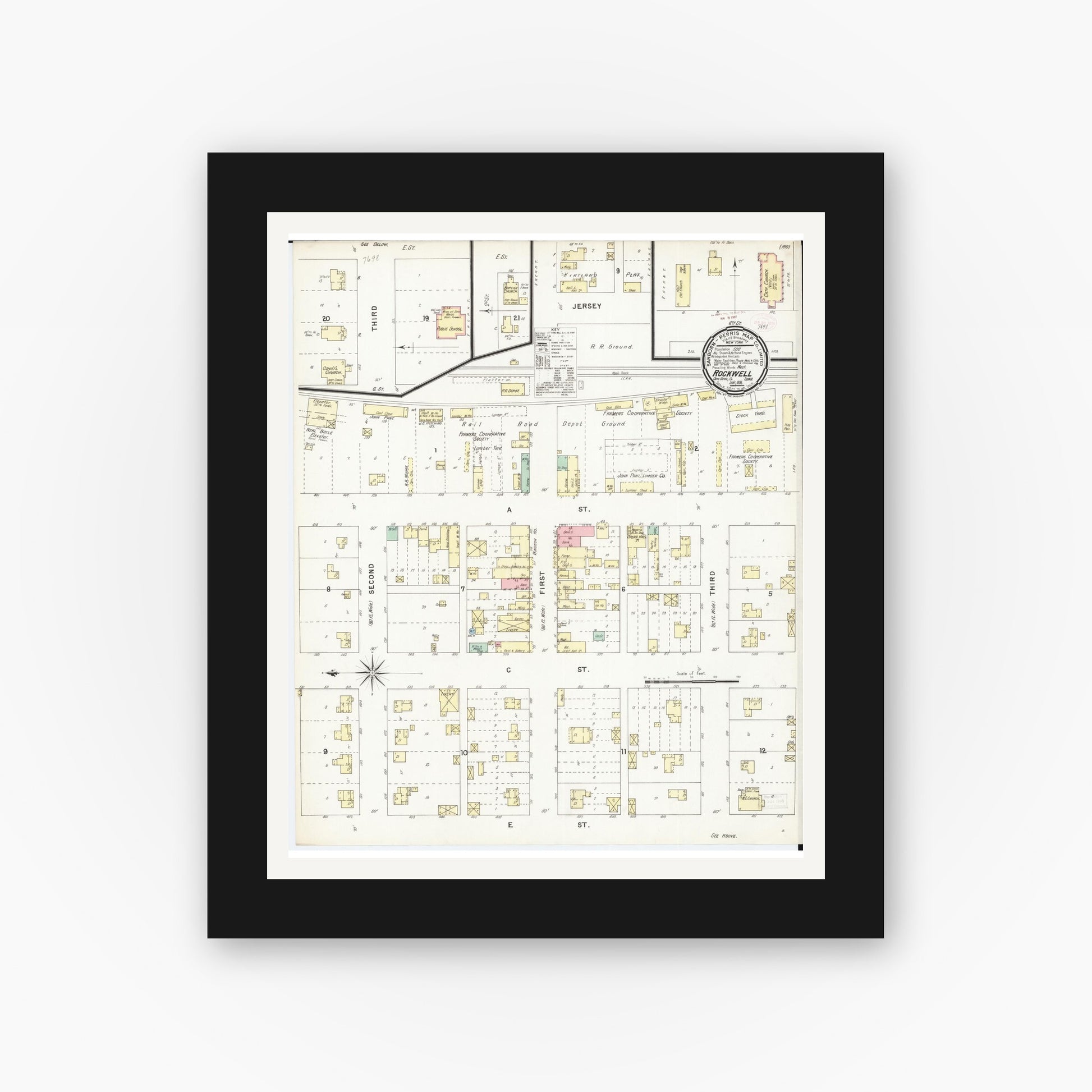 Old map wall art mockup — black gallery frame with white mat — Sanborn Fire Insurance Map from Rockwell, Cerro Gordo County, Iowa (1896), Sheet #0001
