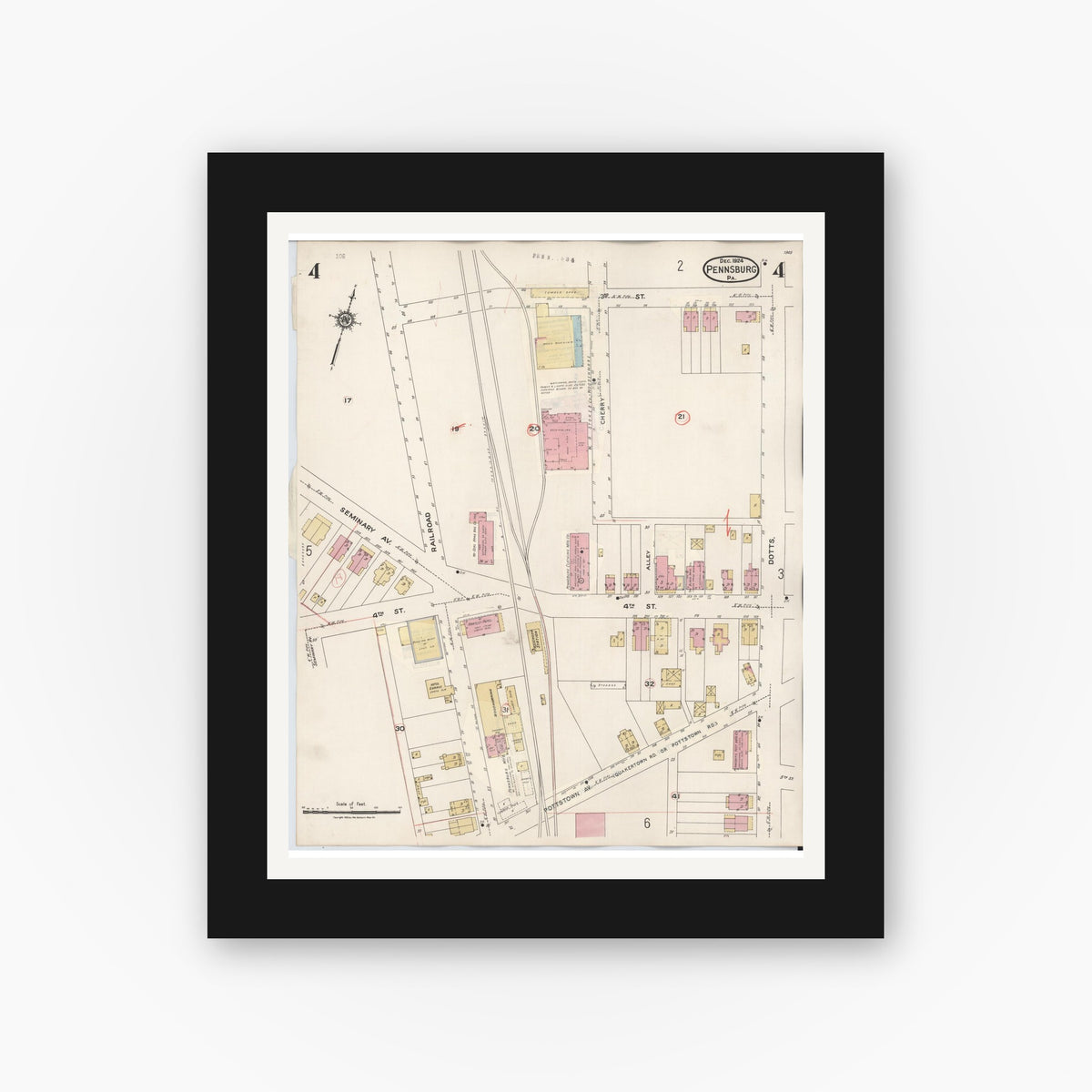 Old map wall art mockup — black gallery frame with white mat — Sanborn Fire Insurance Map from Pennsburg, Montgomery County, Pennsylvania (1933), Sheet #0004