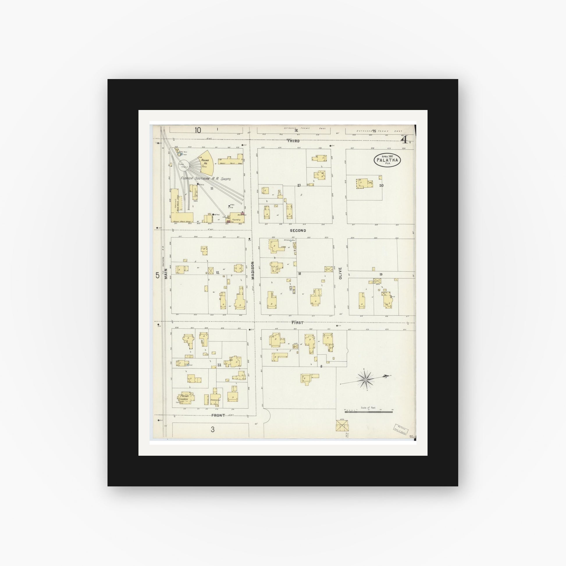 Old map wall art mockup — black gallery frame with white mat — Sanborn Fire Insurance Map from Palatka, Putnam County, Florida (1897), Sheet #0004