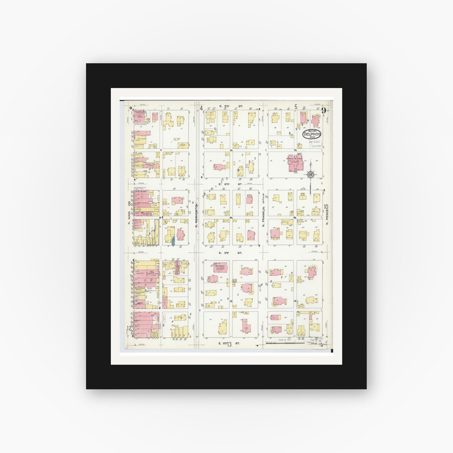 Old map wall art mockup — black gallery frame with white mat — Sanborn Fire Insurance Map from Delphos, Van Wert And Allen Counties, Ohio (1911), Sheet #0009