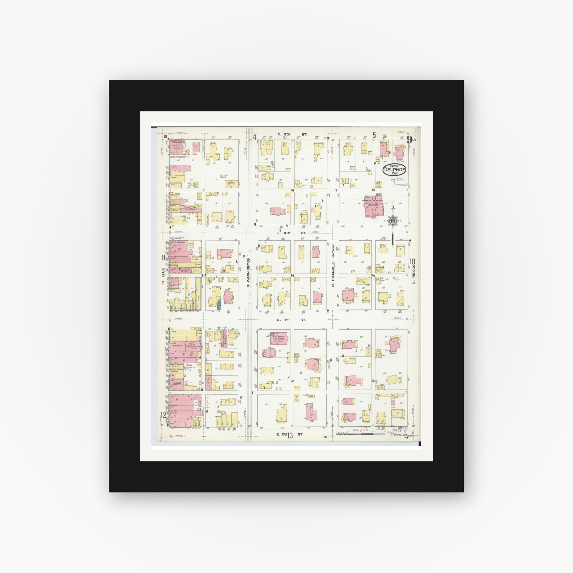 Old map wall art mockup — black gallery frame with white mat — Sanborn Fire Insurance Map from Delphos, Van Wert And Allen Counties, Ohio (1911), Sheet #0009