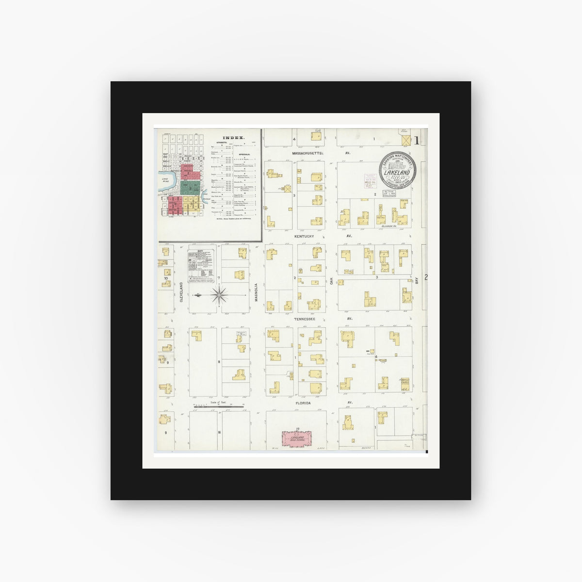 Old map wall art mockup — black gallery frame with white mat — Sanborn Fire Insurance Map from Lakeland, Polk County, Florida (1903) - Complete Map Set