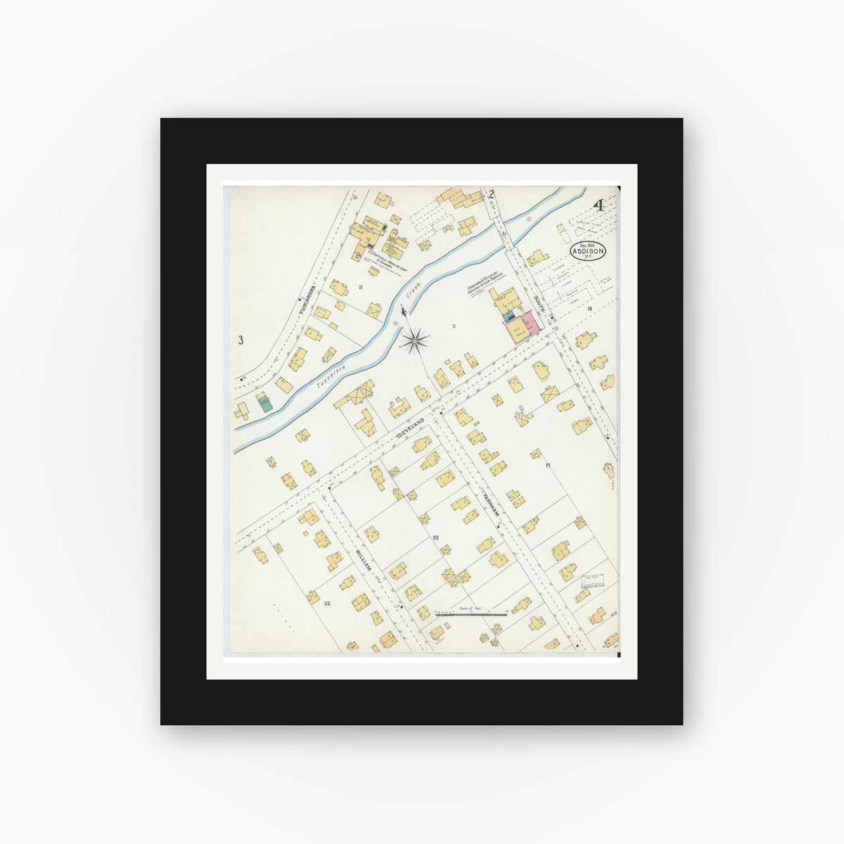 Old map wall art mockup — black gallery frame with white mat — Sanborn Fire Insurance Map from Addison, Steuben County, New York (1903), Sheet #0004