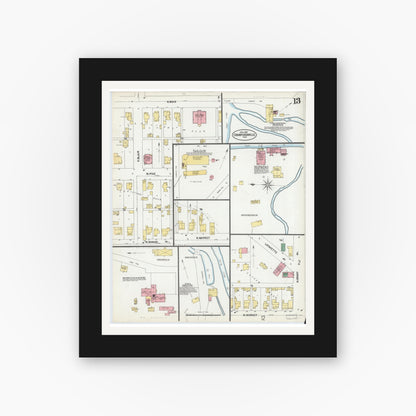 Old map wall art mockup — black gallery frame with white mat — Sanborn Fire Insurance Map from Crawfordsville, Montgomery County, Indiana (1902), Sheet #0013