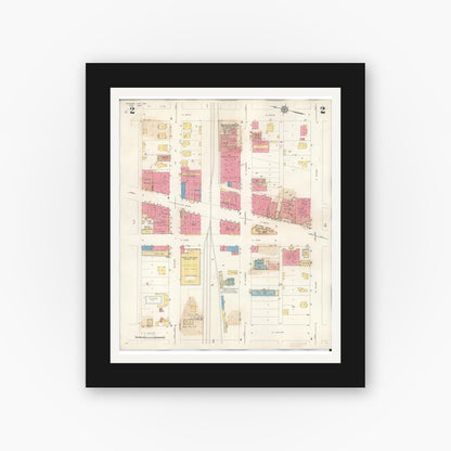 Old map wall art mockup — black gallery frame with white mat — Sanborn Fire Insurance Map from Monroe City, Monroe County, Missouri (1943), Sheet #0002