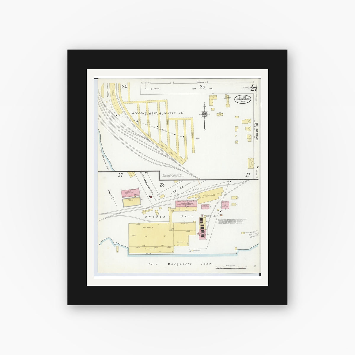 Old map wall art mockup — black gallery frame with white mat — Sanborn Fire Insurance Map from Ludington, Mason County, Michigan (1910), Sheet #0027
