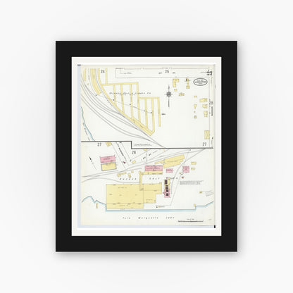 Old map wall art mockup — black gallery frame with white mat — Sanborn Fire Insurance Map from Ludington, Mason County, Michigan (1910), Sheet #0027