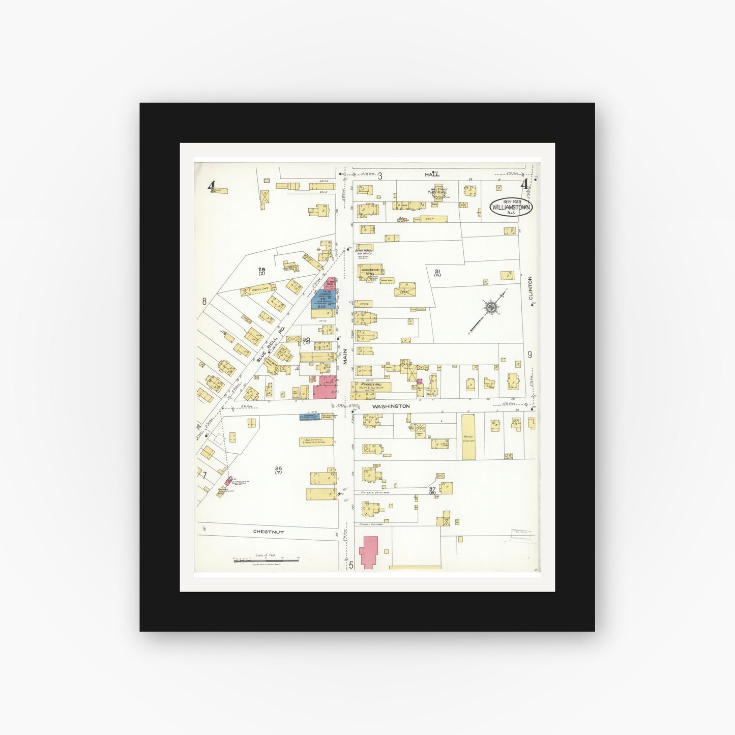 Old map wall art mockup — black gallery frame with white mat — Sanborn Fire Insurance Map from Williamstown, Gloucester County, New Jersey (1923), Sheet #0004