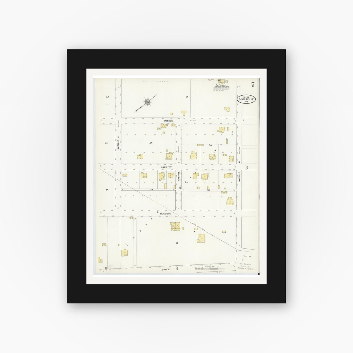 Old map wall art mockup — black gallery frame with white mat — Sanborn Fire Insurance Map from Somerville, Burleson County, Texas (1910), Sheet #0007