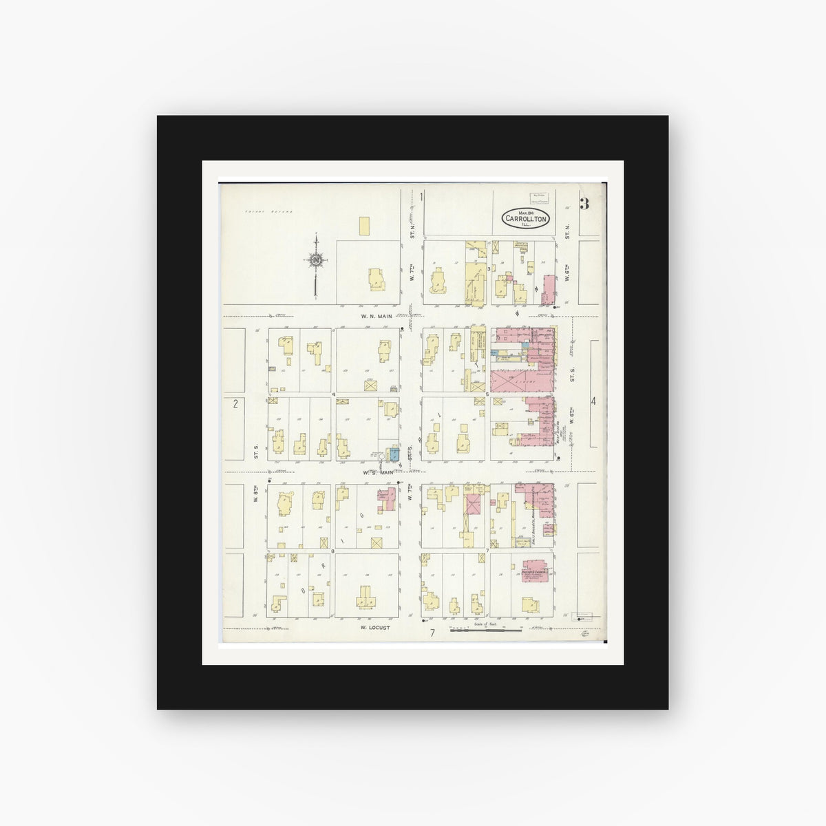 Old map wall art mockup — black gallery frame with white mat — Sanborn Fire Insurance Map from Carrollton, Greene County, Illinois (1914), Sheet #0003