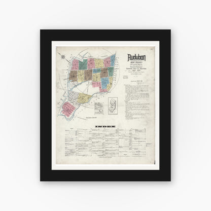 Old map wall art mockup — black gallery frame with white mat — Sanborn Fire Insurance Map from Audubon, Camden County, New Jersey (1924), Sheet #0001