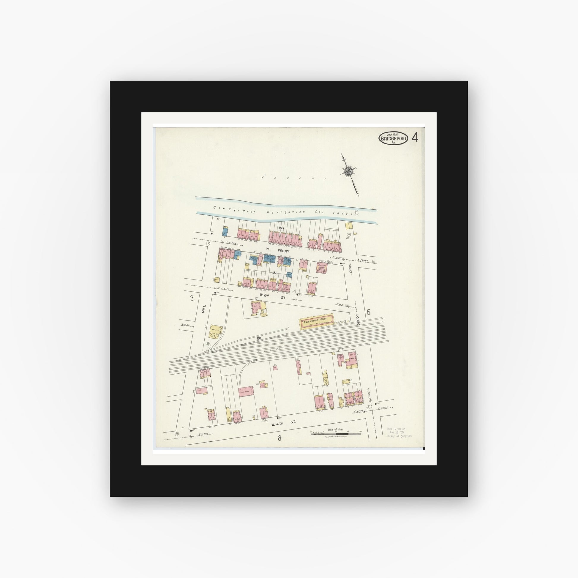 Old map wall art mockup — black gallery frame with white mat — Sanborn Fire Insurance Map from Bridgeport, Montgomery County, Pennsylvania (1920), Sheet #0004