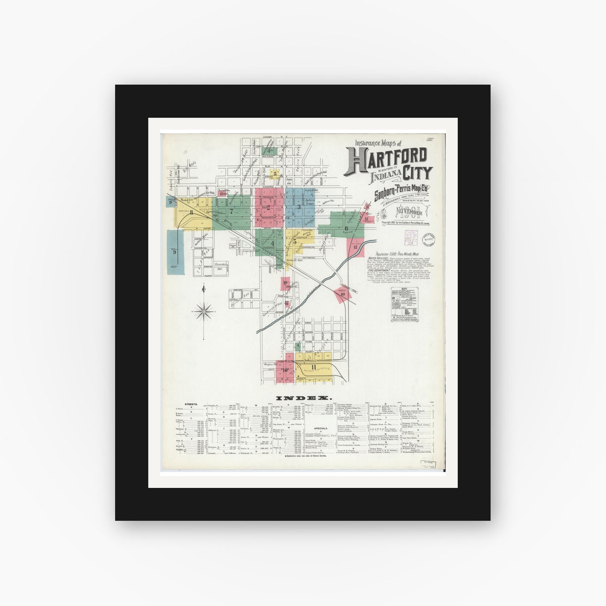 Old map wall art mockup — black gallery frame with white mat — Sanborn Fire Insurance Map from Hartford City, Blackford County, Indiana (1901), Sheet #0001