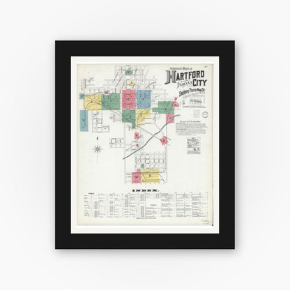 Old map wall art mockup — black gallery frame with white mat — Sanborn Fire Insurance Map from Hartford City, Blackford County, Indiana (1901), Sheet #0001