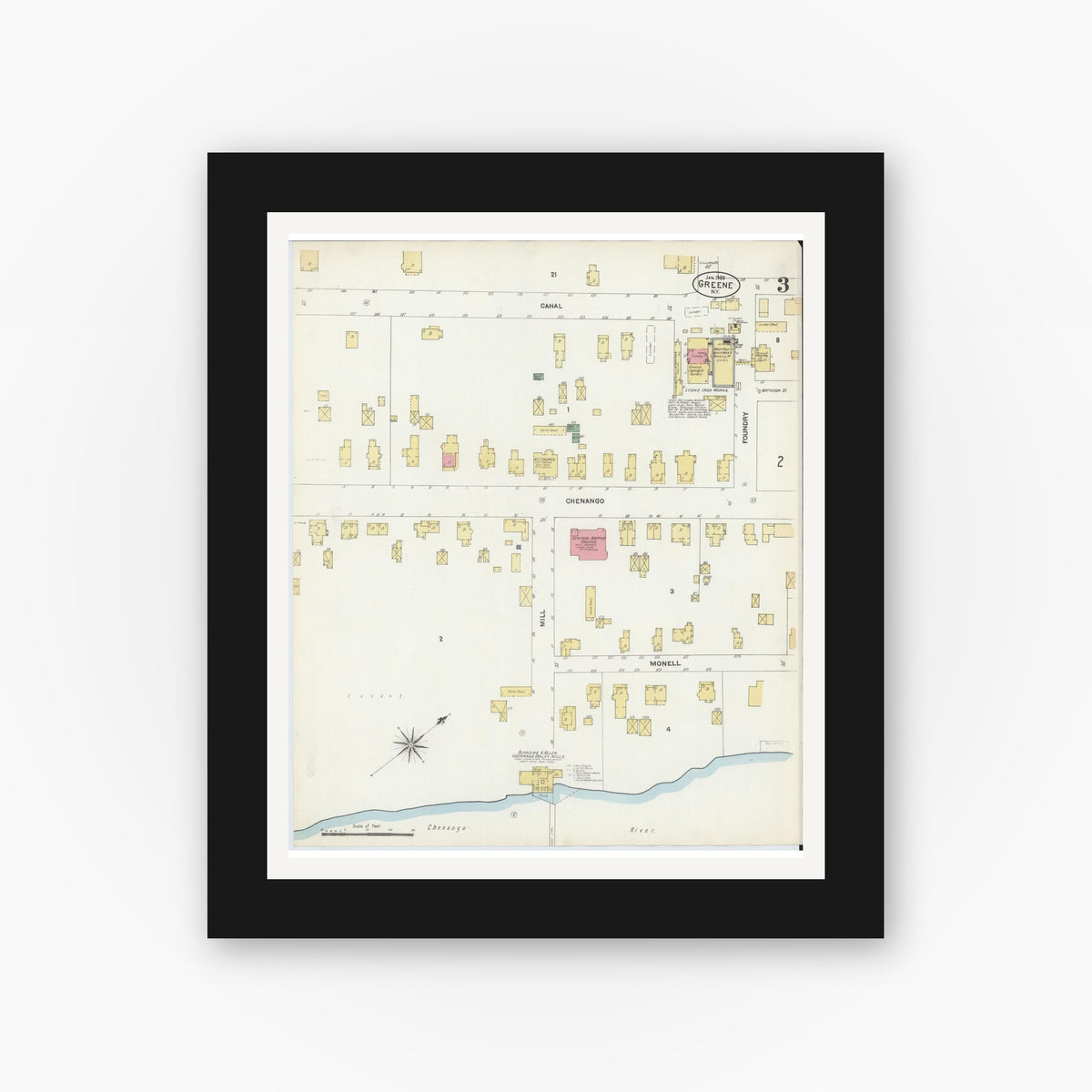 Old map wall art mockup — black gallery frame with white mat — Sanborn Fire Insurance Map from Greene, Chenango County, New York (1903), Sheet #0003