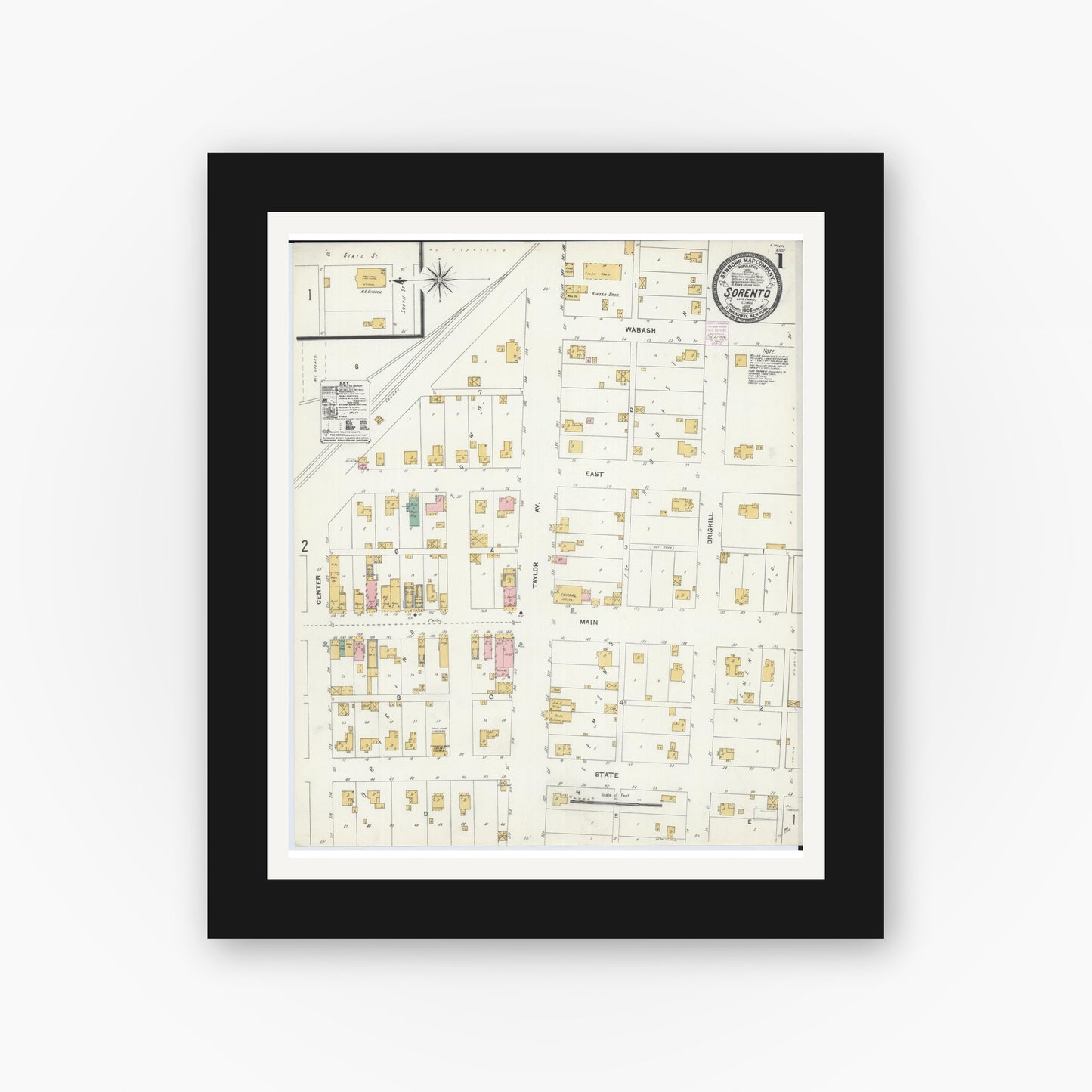 Old map wall art mockup — black gallery frame with white mat — Sanborn Fire Insurance Map from Sorento, Bond County, Illinois (1906) - Complete Map Set