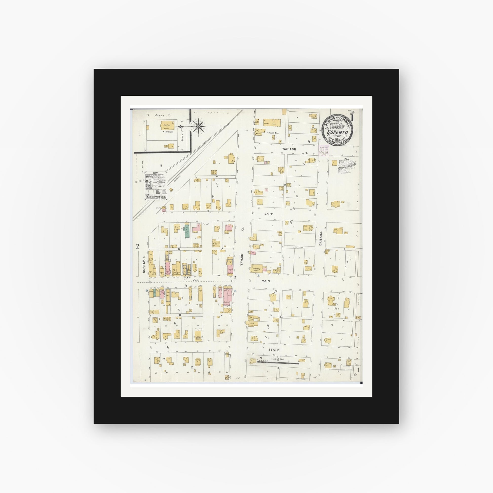 Old map wall art mockup — black gallery frame with white mat — Sanborn Fire Insurance Map from Sorento, Bond County, Illinois (1906) - Complete Map Set