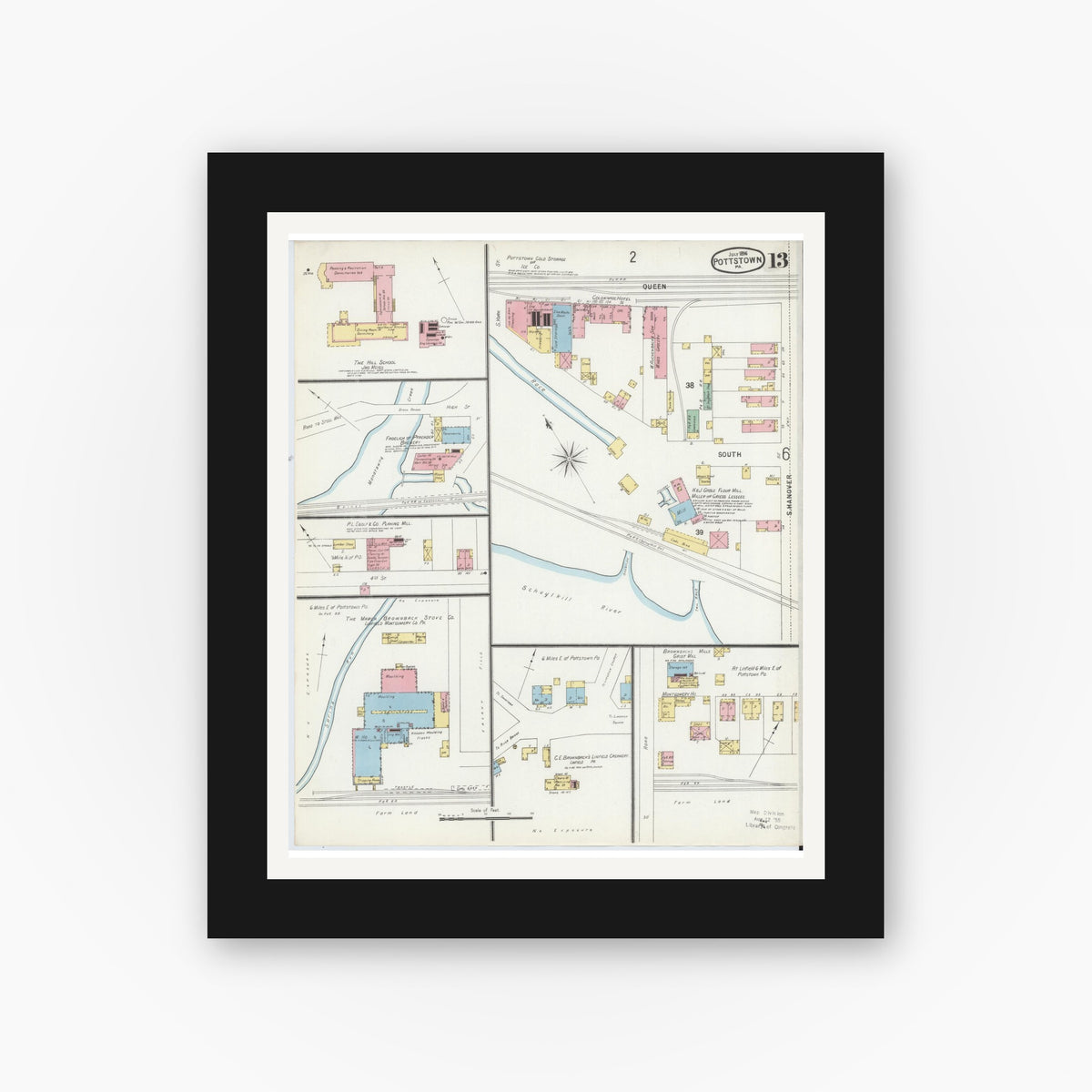 Old map wall art mockup — black gallery frame with white mat — Sanborn Fire Insurance Map from Pottstown, Montgomery County, Pennsylvania (1896), Sheet #0013