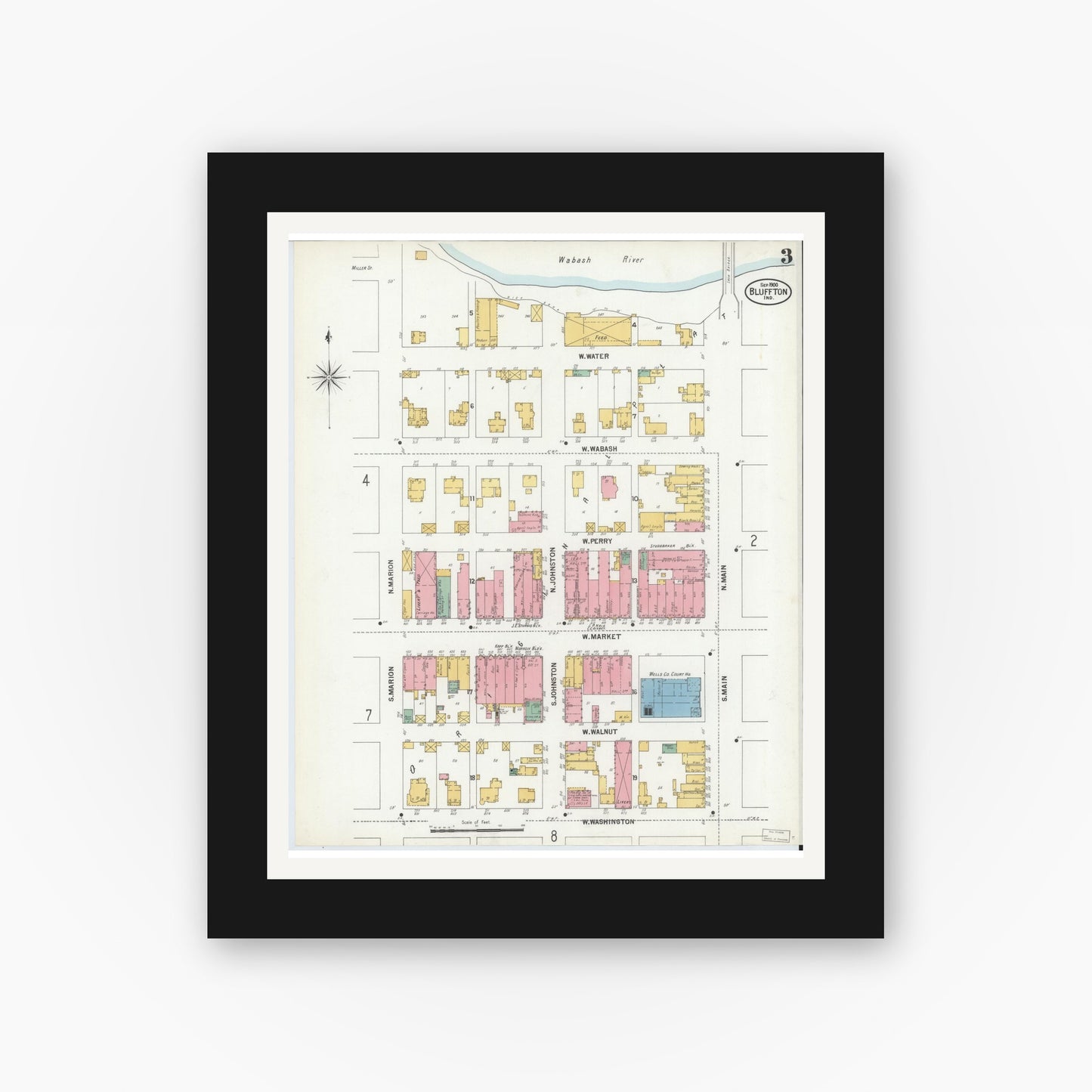 Old map wall art mockup — black gallery frame with white mat — Sanborn Fire Insurance Map from Bluffton, Wells County, Indiana (1900), Sheet #0003