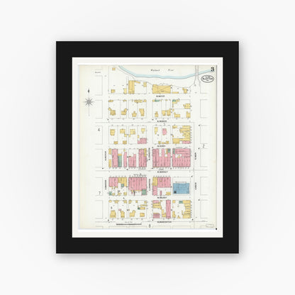 Old map wall art mockup — black gallery frame with white mat — Sanborn Fire Insurance Map from Bluffton, Wells County, Indiana (1900), Sheet #0003